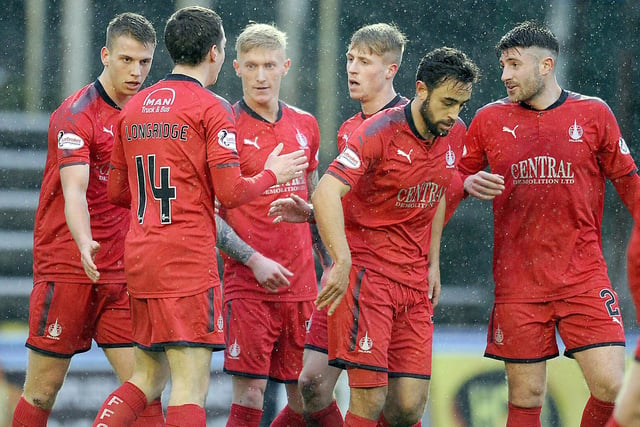 January 13, 2018: Morton 0, Falkirk 1
Falkirk goal-scorer Craig Sibbald, third from left, celebrating his 20th-minute match-winner with team-mates at Greenock's Cappielow Park (Picture: Michael Gillen)