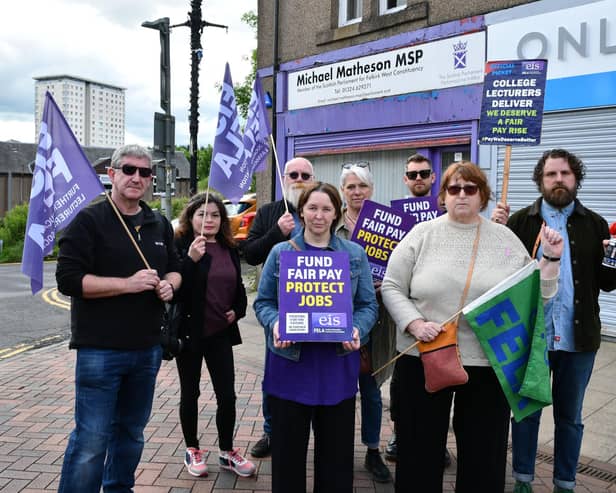 Striking Forth Valley College lecturers, members of EIS FELA (Further Education Lecturers Association) union gather outside the constituency office of Michael Matheson MSP to draw attention to them not having had a pay rise since 2021. (Picture: Michael Gillen, National World)