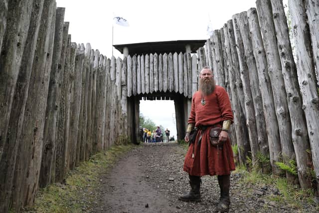 Clanranald Trust's Charlie Allan at the gates of. Duncarron Medieval Village