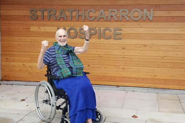 Strathcarron Hospice in-patient Willie Thomson shares his delight in the wake of Scotland's Euro 2020 play-off win versus Serbia. Contributed.