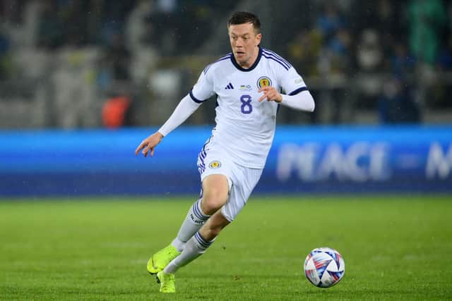 KRAKOW, POLAND - SEPTEMBER 27: Callum McGregor of Scotland runs with the ball during the UEFA Nations League League B Group 1 match between Ukraine and Scotland at Stadion im Jozefa Pilsudskiego on September 27, 2022 in Krakow, Poland. (Photo by Adam Nurkiewicz/Getty Images)