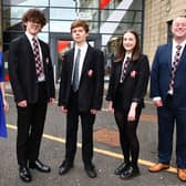 From left, Courtney Cameron, former pupil and STV presenter; James Edwards, S6 Award for Excellence; Alexander Ohlstenius, Dux Medal Award; Charlotte Horne, S6 Award for Excellence and Iain Livingstone, headteacher.  (Pic: Michael Gillen)