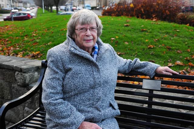 Irene McVie sits on the bench dedicated to her late husband Stuart, who sadly died in December last year aged 78