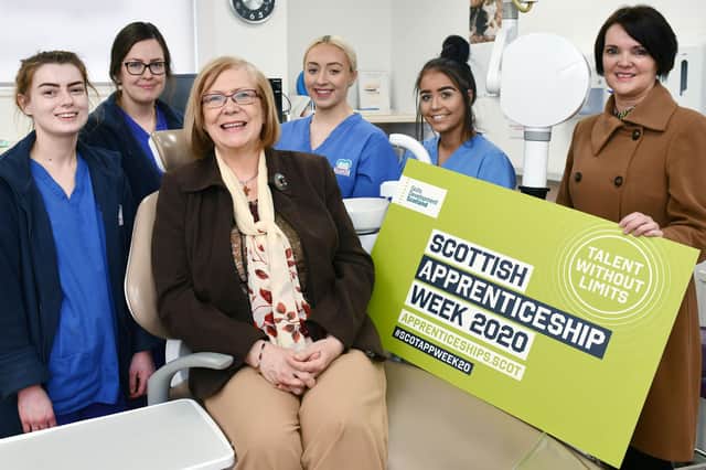 (From left) Jade O’Brien, RGDN; Lauren McCulloch, clinical supervisor; Iona Rae, trainee dental nurse; Elaine Smith MSP; Rebecca Douglas, trainee dental nurse; and Helen McLaren, skills investment advisor at Skills Development Scotland. Picture: Michael Gillen