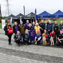 Participants, including  Chest Heart & Stroke Scotland, Scottish Mountain Rescue, Search and Rescue Dog Association SARDA Scotland, Save A Life For Scotland, Scottish Ambulance Service and  Scottish Fire and Rescue Service, gather together for the St John Scotland CPR awareness event at the Helix