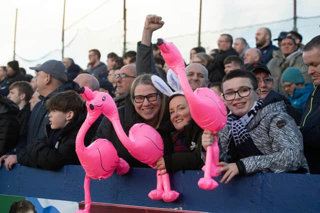 MONTROSE, SCOTLAND - MARCH 30: Falkirk supporters during a cinch League One match between Montrose and Falkirk at Links Park Stadium, on March 30, 2024, in Montrose, Scotland.  (Photo by Sammy Turner / SNS Group)