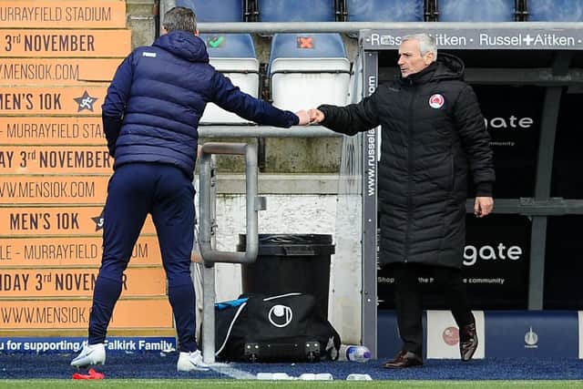 Falkirk co-manager David McCracken and Clyde boss Danny Lennon shaking hands at the end of the game (Photo: Michael Gillen)