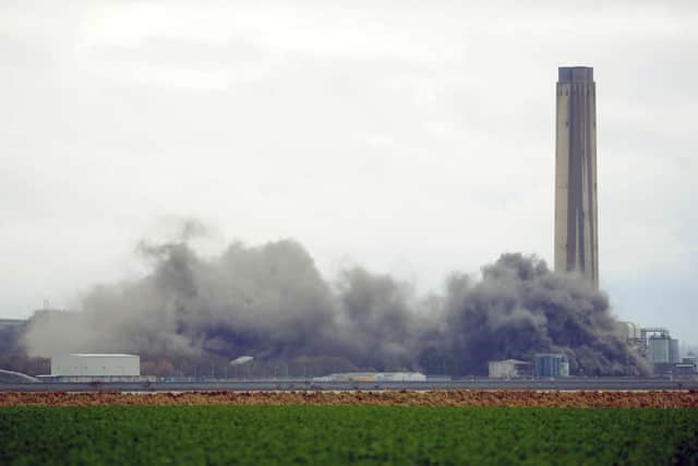 The demolition of Longannet Power Station in Kincardine continued this morning with the last remaining main structure taken down. Picture: Michael Gillen.