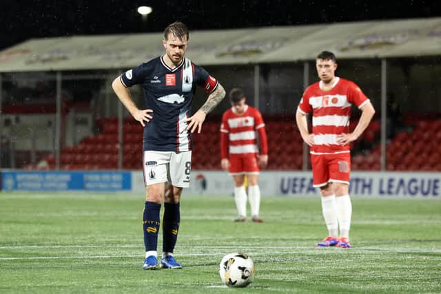 HAMILTON, SCOTLAND - OCTOBER 18: Falkirk’s Brad Spencer prepares to take his penalty which he scores from the rebound to make it 3-0 during a William Hill Championship match between Hamilton Academical and Falkirk at the ZLX Stadium, on October 18, 2024, in Hamilton, Scotland. (Photo by Ross MacDonald / SNS Group)