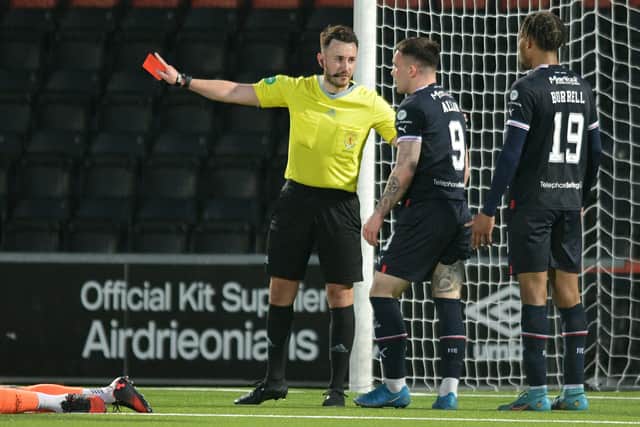 Jordan Allan was sent off the Bairns as they chased another goal back in the tie late on