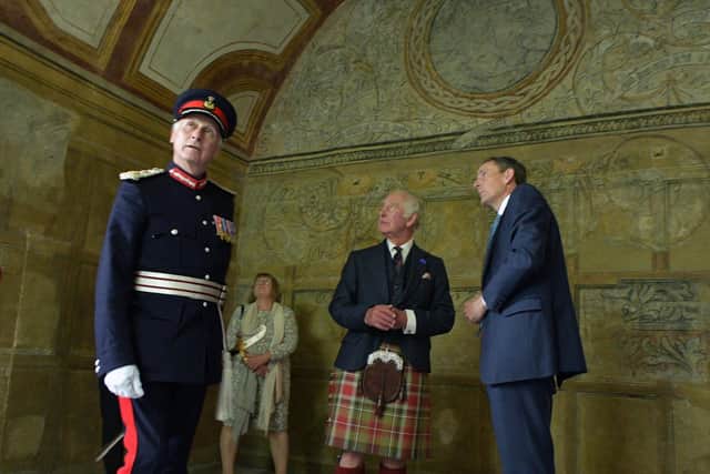 King Charles was shown around Kinneil House by Ian Shearer, chairman of the Friends of Kinneil. Pic: Michael Gillen