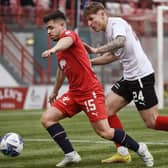 Leon McCann goes up against Clyde's Cameron Salkeld (Pics by Alan Murray)