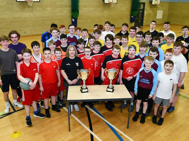 Competitors in the recent Falkirk & District Battalion of the Boys' Brigade basketball competition at Grangemouth High School. Also present was Gillian Thomson, secretary of Falkirk Fury, who sponsored the event and donated the trophies.