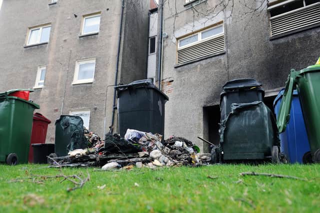 The bins were set on fire in a storage area outside a block of flats on Sunday and yesterday there has been another fire in nearby Derwent Avenue