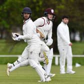 21-05-2022. Picture Michael Gillen. STENHOUSMUIR. Stenhousemuir Cricket Club. Stenhousemuir v Drumpellier. Pictured: Danie Rossouw, blue hat and Callum Grant, burgundy hat.
