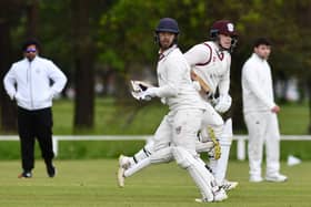 21-05-2022. Picture Michael Gillen. STENHOUSMUIR. Stenhousemuir Cricket Club. Stenhousemuir v Drumpellier. Pictured: Danie Rossouw, blue hat and Callum Grant, burgundy hat.