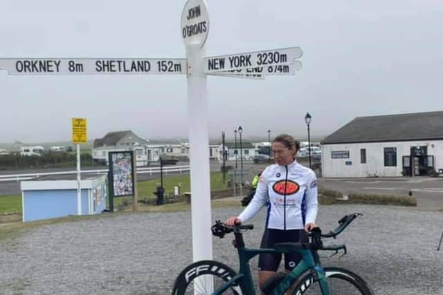 Christina Mackenzie after cycling from Lands End to John O'Groats and breaking the women's world record.
