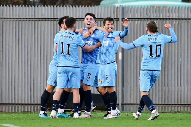 Michael Ruth celebrates after scoring the opener (Pics Michael Gillen)