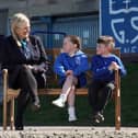 Brooke & Jason of Grange Primary School with Catherine Coleman of Miller Homes on the new Buddy Bench.  (Pic: Stewart Attwood)