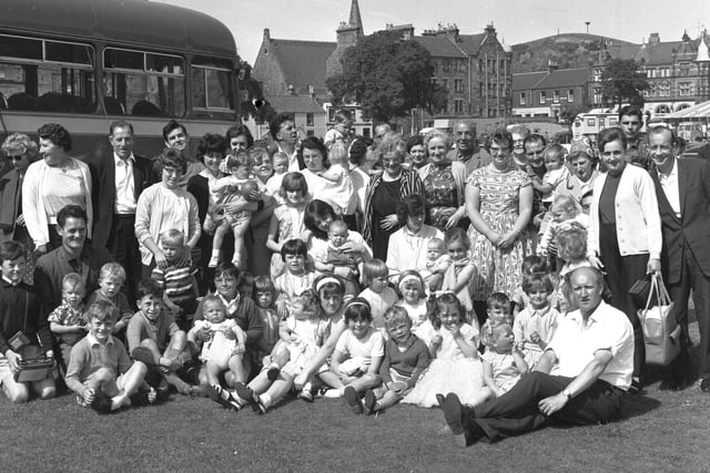 A coach party of visitors from Grangemouth at the Burntisland Games in July 1966.