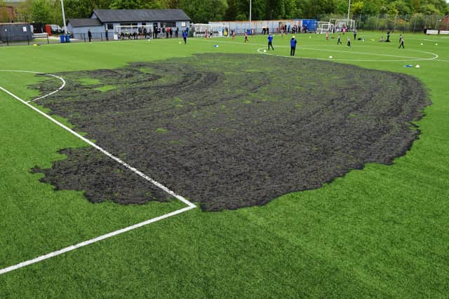 The aftermath of the fire which caused around £300,000 of damage to the pitch