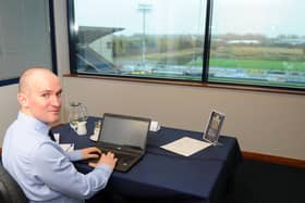 Jonathon Reilly, of The Falkirk Herald, was given access to one of Falkirk FC's hot desks. Picture: Michael Gillen.