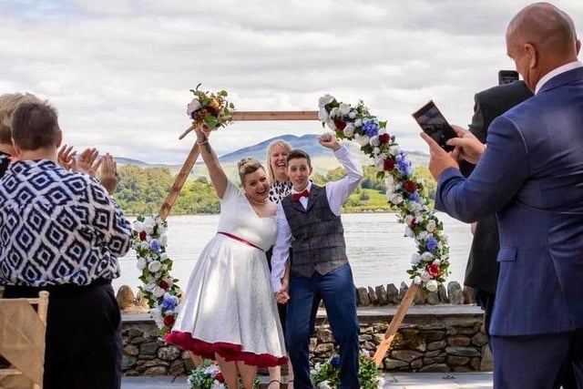 The sun shone when Inga Vladyko and Sam Davies were married at the Lodge of Loch Lomond in Luss. Inga, 38, is originally from Lithuania, while Sam, 42, is from Bristol. They married on July 21 after meeting online three years ago. The couple now live in Bonnybridge. Pic: Rachel Mclean Photography