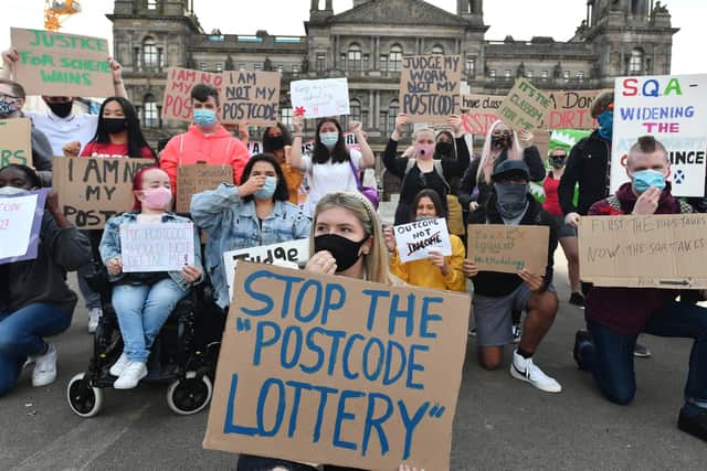 Pupils staged a protest in George Square, Glasgow over the SQA's exam marking scheme. Picture: John Devlin.