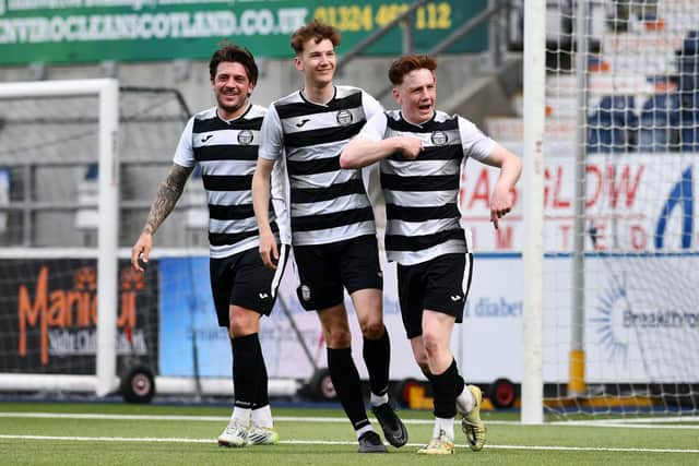 Midfielder Ynyr Liddell, right, celebrates scoring for East Stirlingshire against Gretna 2008 last Saturday during a 3-0 win for the home side with his team-mates (Pics by Michael Gillen)