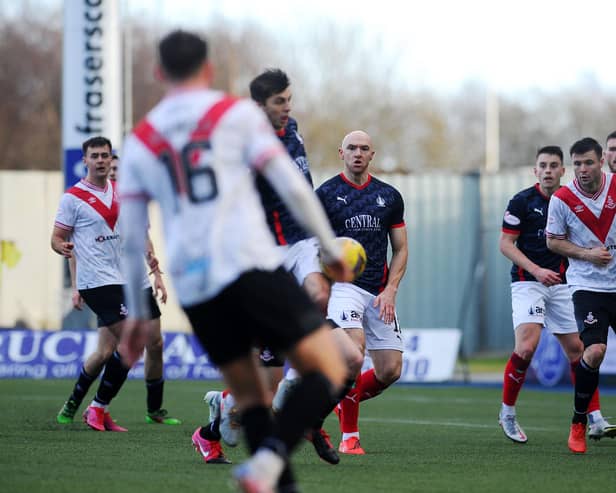 Close concentration - all eyes on the ball as Falkirk, in familiar blue, took on Airdrieonians on Sunday in a rescheduled Ladbrokes League One fixture