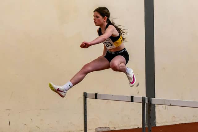 Falkirk Victoria Harriers’ youngster Kirsty Moffat was on top form at Pitreavie, finishing first for the under-13 girls in three separate categories (Photo: Bobby Gavin/Scottish Athletics)