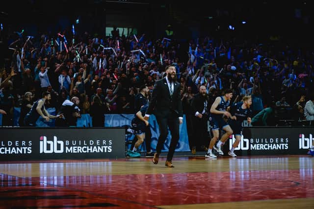 Team manager Gareth Murray celebrates after the buzzer-beating winning three-point score (Photo: British Basketball League)