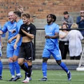 Summer signing David Taylor (centre-left) celebrates after scoring on his debut for Bo’ness Athletic in the 4-0 win against Kennoway Star Hearts (Photos: Alan Murray)