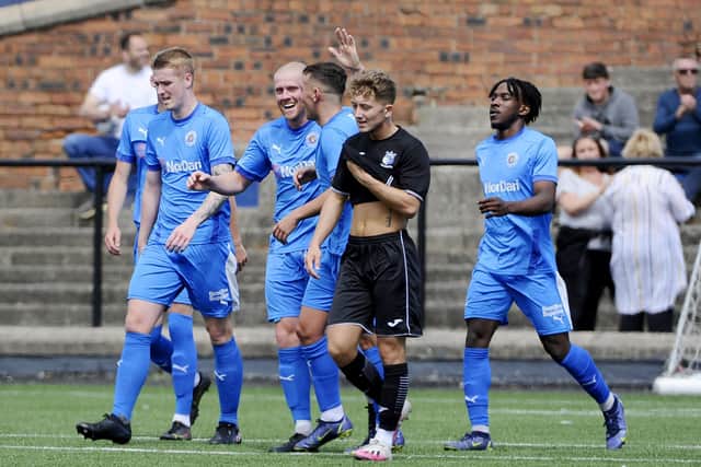 Summer signing David Taylor (centre-left) celebrates after scoring on his debut for Bo’ness Athletic in the 4-0 win against Kennoway Star Hearts (Photos: Alan Murray)