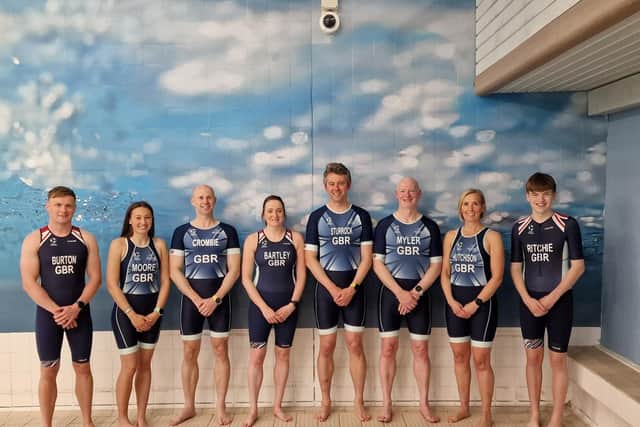 Grangemouth Triathletes ready for action in their Team GB colours!  (Athletes from left to right - Scott Burton, Toni Moore, Ross Crombie, Fiona Bartley, Barry Sturrock, Robert Myler, Cat Hutchison and Arran Ritchie)