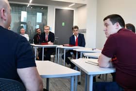 Forth Valley College meeting - Parliamentary Under-Secretary of State at the Department for Energy Security and Net Zero, Michael Shanks; UK Government's Secretary of State for Energy Security and Net Zero, Edward Miliband and Chris Hamilton, unite union Grangemouth refinery branch secretary. Pic: Michael Gillen