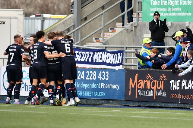 Kucheriavyi is mobbed by his team-mates after netting his first Falkirk goal