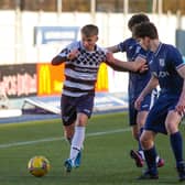 Kenny Barr looks to drive forward with the ball as Shire try to find an opener (Pictures: Scott Louden)