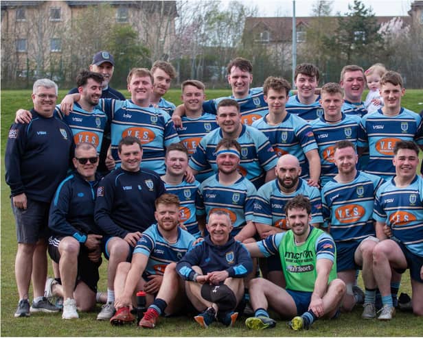 Falkirk’s first XV squad and club members pose for a group picture after the final outing of the Arnold Clark National League Division 2 campaign (Pics by Gordon Honeyman)
