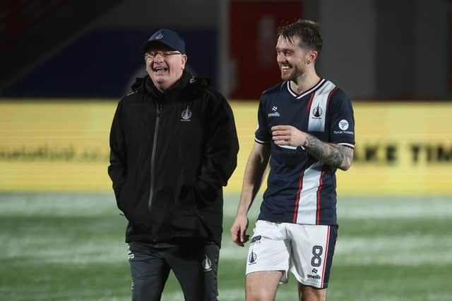 HAMILTON, SCOTLAND - OCTOBER 18: Falkirk Manager John McGlynn and Brad Spencer at Full Time during a William Hill Championship match between Hamilton Academical and Falkirk at the ZLX Stadium, on October 18, 2024, in Hamilton, Scotland. (Photo by Ross MacDonald / SNS Group)