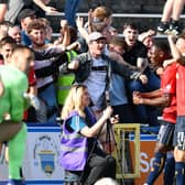Alfredo Agyeman celebrates scoring Falkirk's winner in the 3-2 success at Greenock Morton on August 31 (Pic by Michael Gillen)