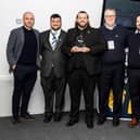 Denny's Gary Thorn with the award alongside the likes of ex-Scotland star James McFadden and McDonald’s Grassroots ambassador Jen Beattie, who plays for Arsenal (Photo: Scottish FA’s Grassroots Football Awards)