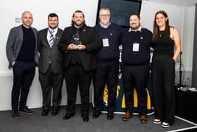 Denny's Gary Thorn with the award alongside the likes of ex-Scotland star James McFadden and McDonald’s Grassroots ambassador Jen Beattie, who plays for Arsenal (Photo: Scottish FA’s Grassroots Football Awards)