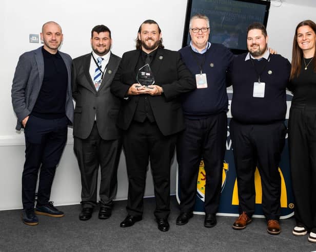 Denny's Gary Thorn with the award alongside the likes of ex-Scotland star James McFadden and McDonald’s Grassroots ambassador Jen Beattie, who plays for Arsenal (Photo: Scottish FA’s Grassroots Football Awards)