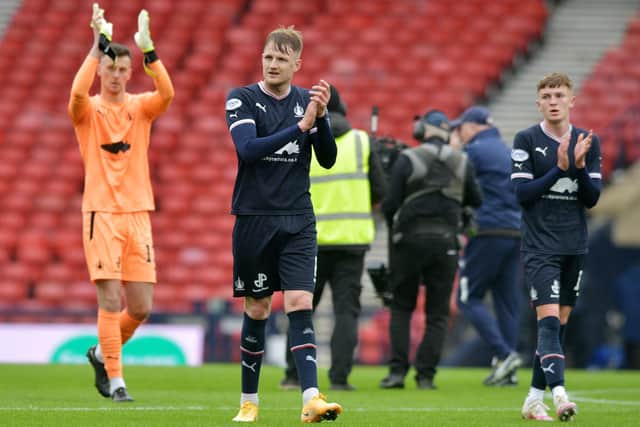 The Bairns' players applaud the 9,000 strong support that travelled to Glasgow for the Scottish Cup semi-final