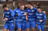 Midfielder Ryan Stevenson is congratulated by his Bo’ness United team-mates after levelling things up against Caley Braves last Saturday afternoon at Newtown Park (Photo: Alan Murray)