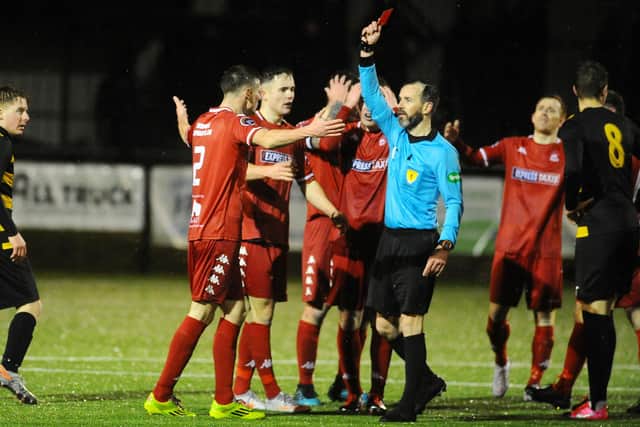 OFF! Greg MacPherson shown a straight red as Camelon protest that he was not the last man