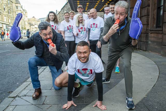 PIC LISA FERGUSON 31/03/2022
JORDAN YOUNG AND CAPITAL THEATRES STAFF RUN EDINBURGH MARATHON TO HELP KING’S REDEVELOPMENT REACH THE FINISH LINE
Star of the King’s Panto Jordan Young, with Grant Stott, Allan Stewart and his fellow runners outside the King’s