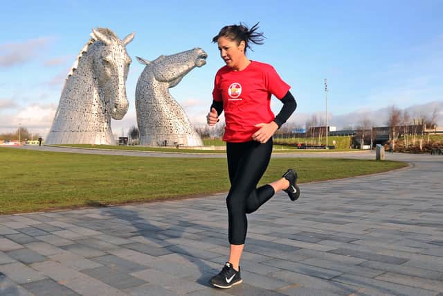 Diane has walked and run various routes across Falkirk district, including paths at The Kelpies, in her bid to clock up 200 miles in support of UK Sepsis Trust. Picture: Michael Gillen.
