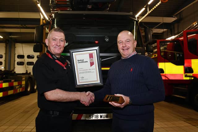 Firefighter and crew commander Allan Hardy (right) pictured with Falkirk Fire Station commander for Falkirk Mark Landels. Picture: Michael Gillen.